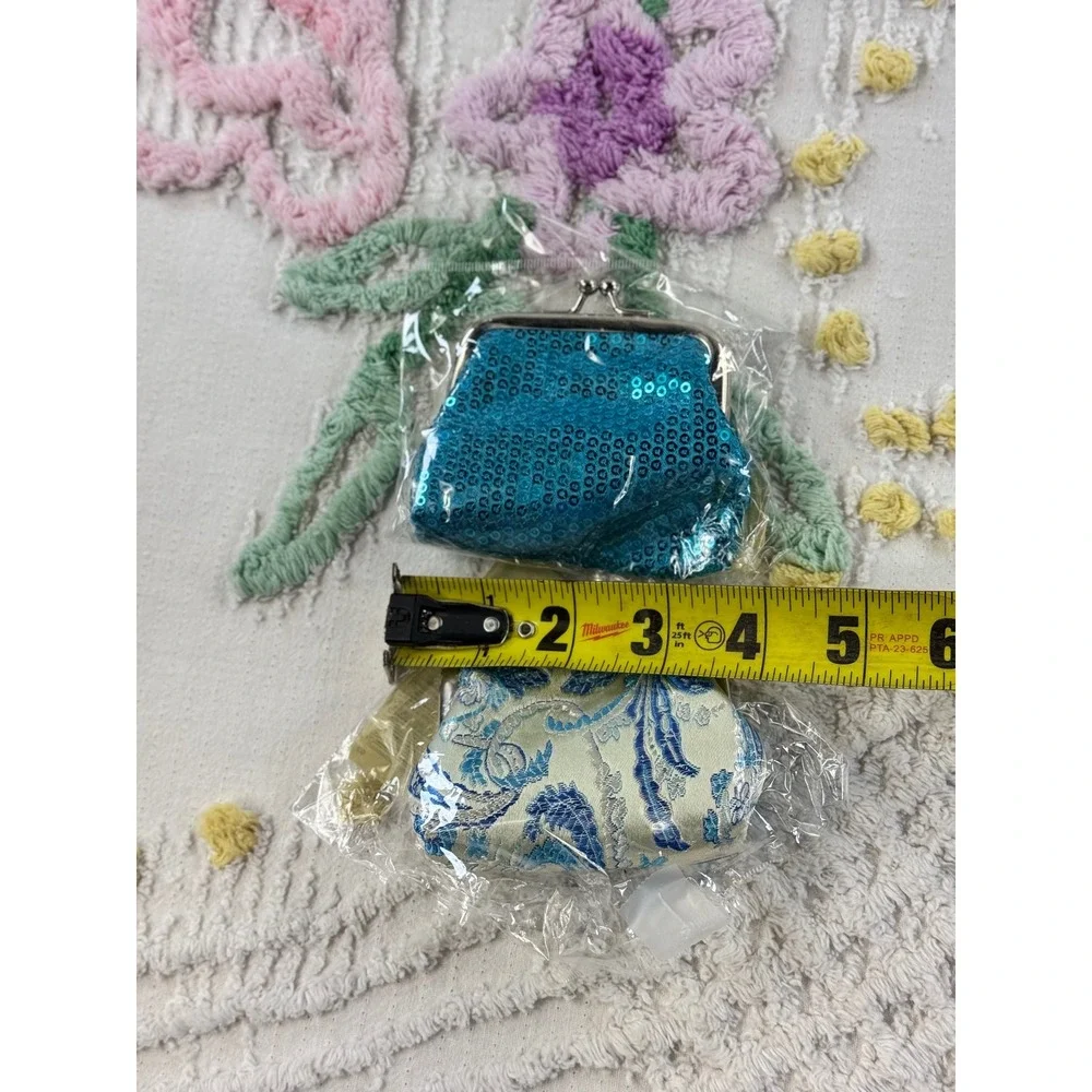 The Paragon Group Coin Purse Set of 3 Sequin Paisley Kiss Lock Aqua Pink Cream